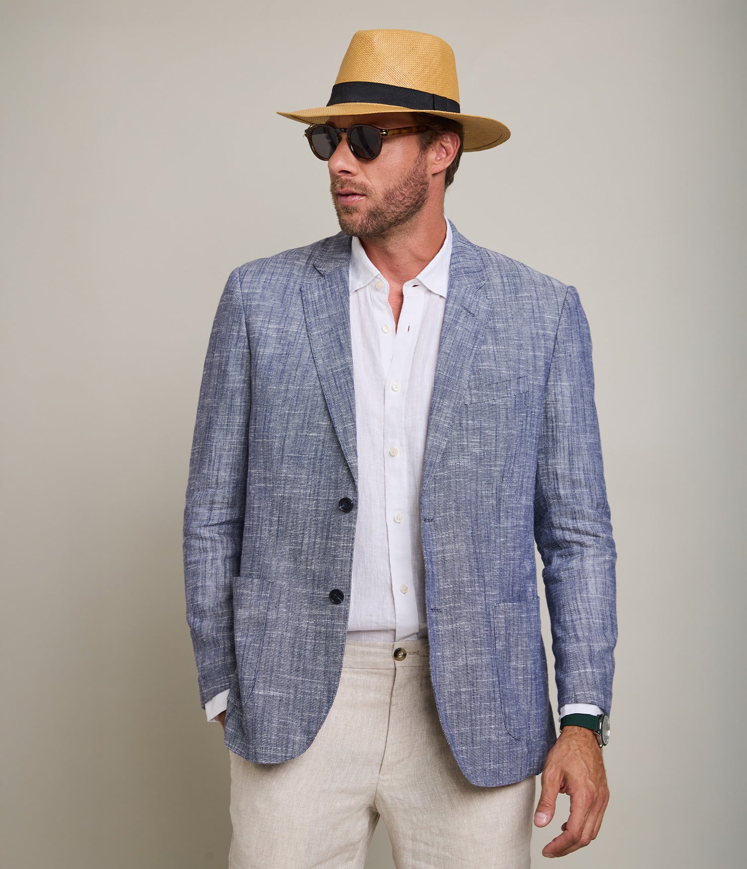 Blazer Hombre 100% Lino Azul Melange