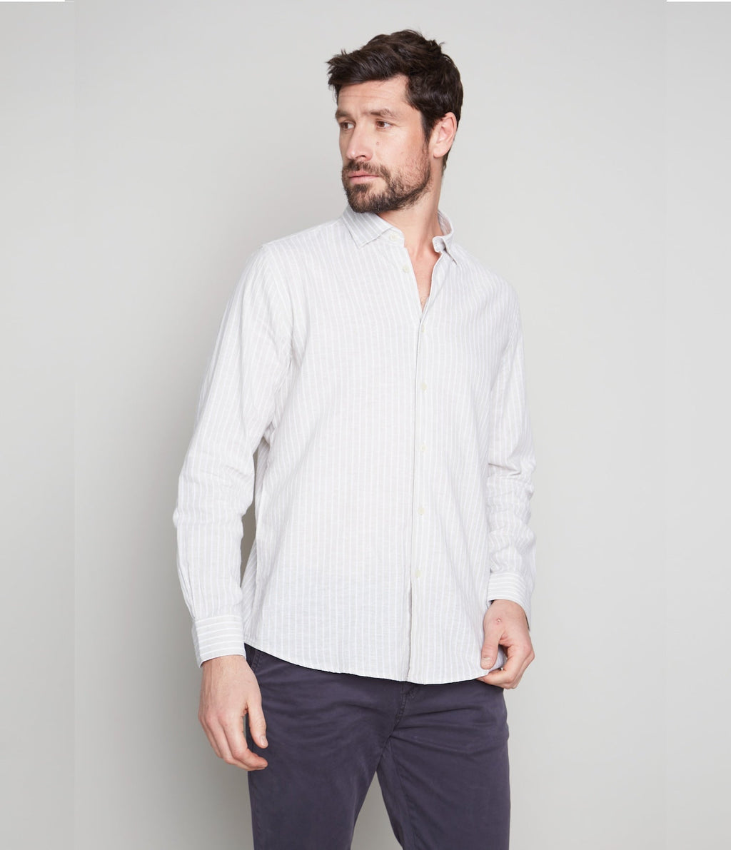 Camisa Hombre Lino Rayas Beige