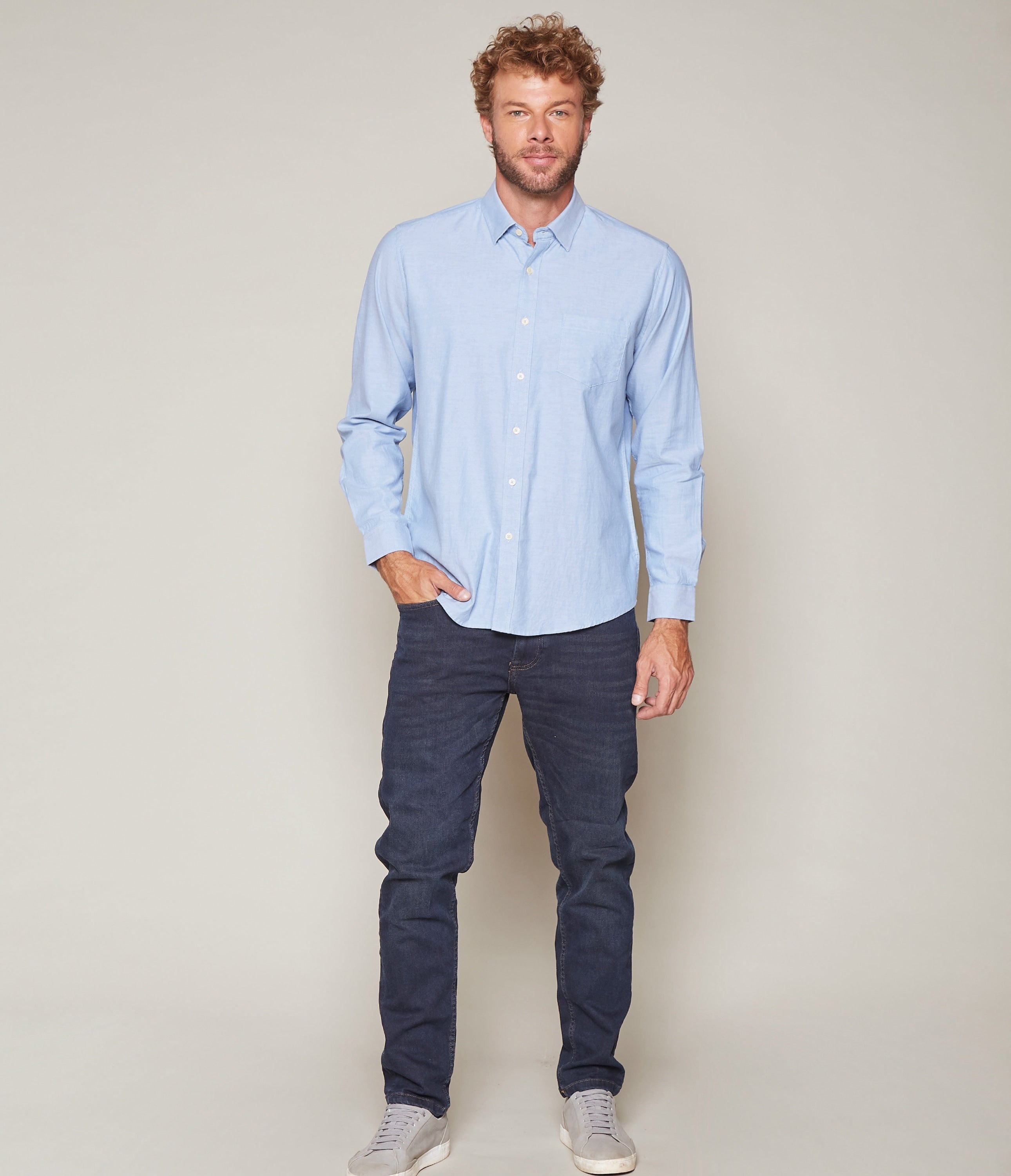 Camisa Hombre Algodón Oxford M/Larga Azul Claro